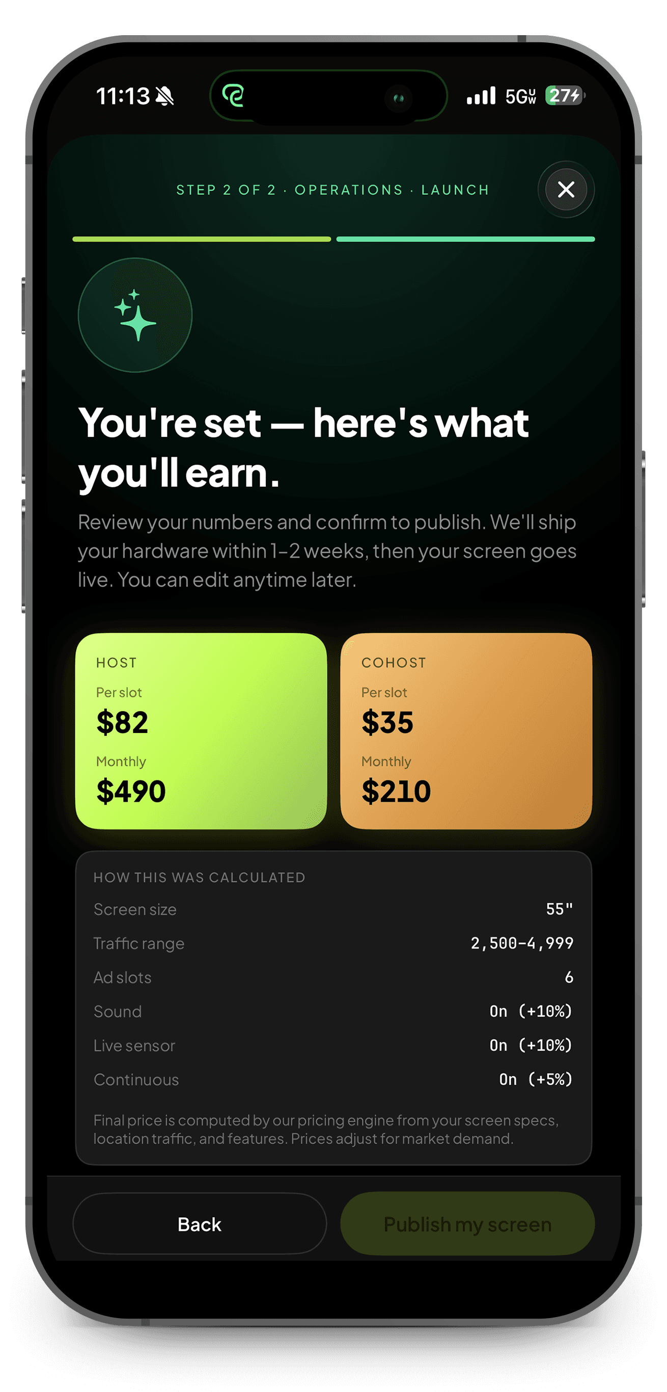 Cavline screen setup on an iPhone, final step: projected earnings per slot and per month for the host, with the pricing breakdown