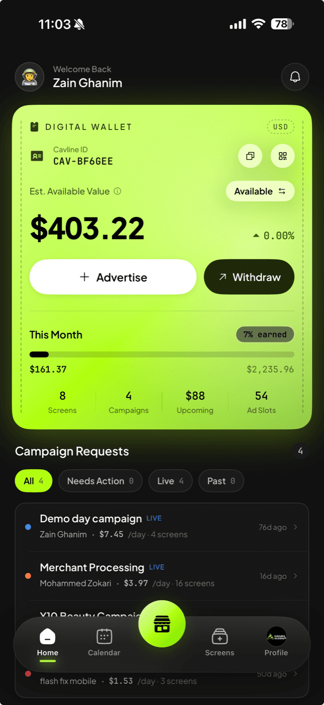 Cavline host dashboard showing wallet balance, monthly earnings progress, and a list of live campaign requests