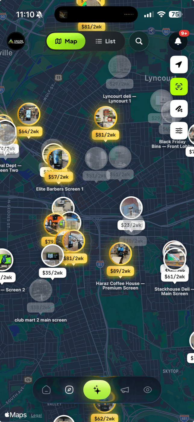 Cavline's live map of screens: venue photos pinned across the city, each with its price per two weeks